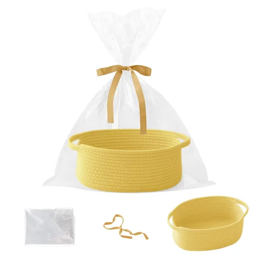 Miniatura 20 de Paquete de 2 canastas pequeñas de cuerda tejida, cesta de regalo vacía con bolsa y cintas, bonita caja organizadora con asa para cumpleaños/baby