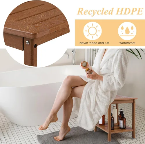 Miniatura 2 de Apolimi Banco de ducha HDPE, taburete de spa de 2 niveles con estante de almacenamiento, asiento de ducha antideslizante y resistente al agua