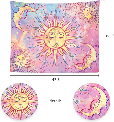Miniatura 5 de Ohjijinn Tapiz rosa pastel de sol y luna – Celestial ardiente sol estético mariposa teñido anudado colgante de pared para niña, decoración