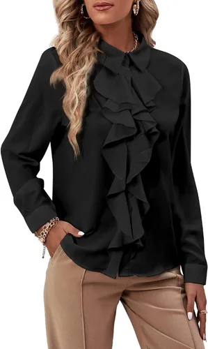 LYANER - Blusa de manga larga con cuello de botón y volantes en la parte delantera para mujer