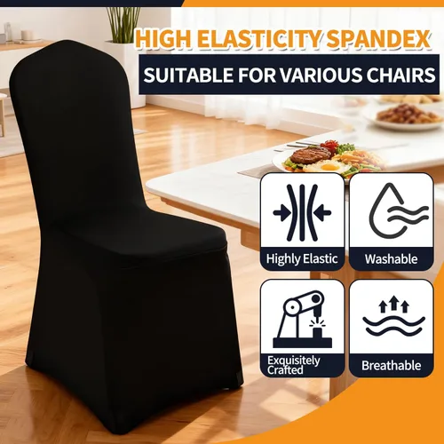Miniatura 3 de Yahpetes 2 fundas para silla, de poliéster negro, fundas para sillas de banquete, parte delantera plana, elásticas, de elastano, para bodas