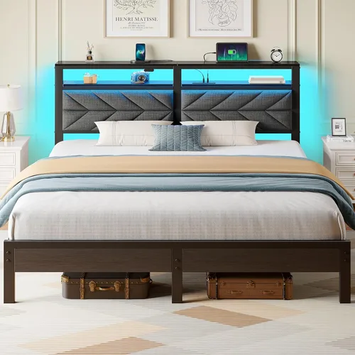 Miniatura 24 de Seventable Base de cama tamaño Queen con estación de carga, cama LED con cabecera de almacenamiento tapizada, cama de plataforma de metal con Gris