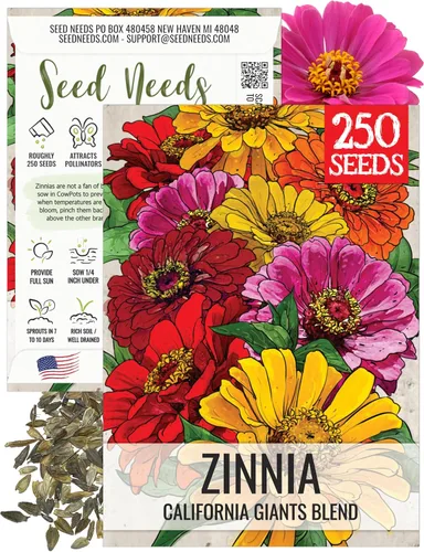 Seed Needs California Giants - Semillas de zinnia – 250 semillas tradicionales para plantar Zinnia elegans – Cultiva flores anuales polinizadas