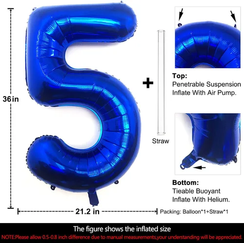 Miniatura 2 de Lovoir Globo azul marino de 40 pulgadas con el número 5 de tamaño grande, de papel de aluminio de Mylar de aluminio de tereftalato de polietileno
