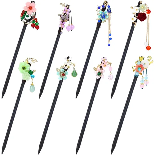 Miniatura 13 de inSowni 8 piezas vintage retro asiático, japonés, chino, tradicional, Hanfu con flores de madera con colgantes de cuentas, horquillas