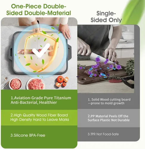 Miniatura 5 de Tabla de cortar de titanio para cocina, tabla de cortar de titanio puro de doble cara y fibra de madera con ranura para jugo, material de grado
