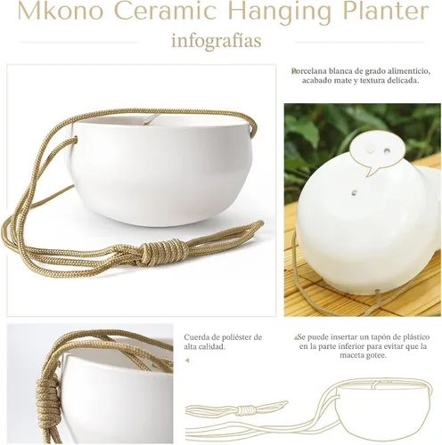 Miniatura 5 de Mkono Maceta colgante de cerámica de 8 pulgadas y 6 pulgadas de profundidad para plantas de interior y exterior, juego de 2 macetas modernas