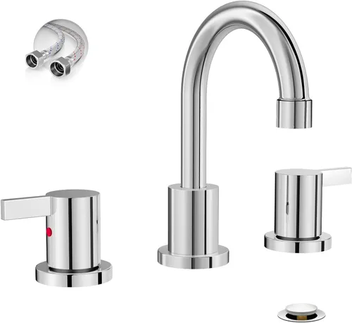 Phiestina Grifo de baño cromado extendido de 8 pulgadas con 3 orificios, grifo de tocador de baño de 2 manijas con desagüe emergente de metal y