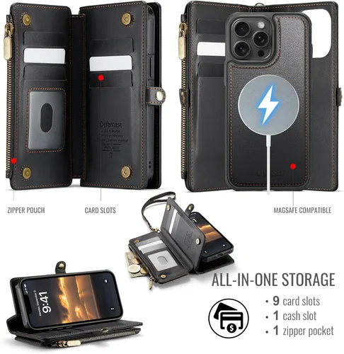 Miniatura 2 de Defencase Funda magnética para iPhone 13 Pro compatible con Magsafe con bloqueo RFID, correa de cremallera y tarjetero para mujer, funda de piel