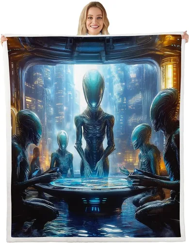 Miniatura 35 de Manta de franela de alienígena, misteriosa nave espacial estrellada con purpurina y planetas de cielo para decoración de habitaciones, manta