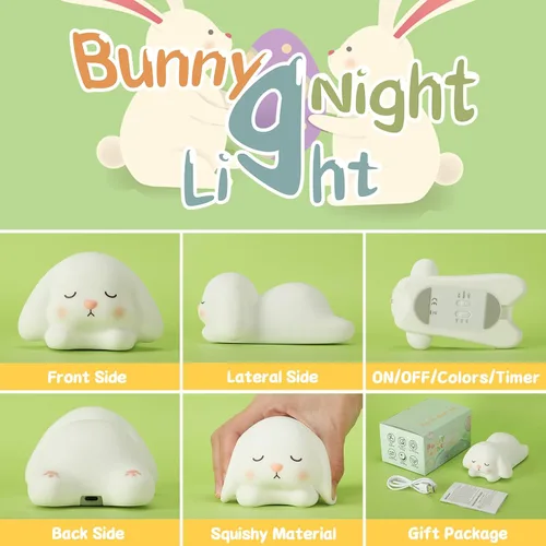 Miniatura 5 de ZKLiLi Luz nocturna para niños, linda lámpara de conejo, 16 colores+toque+luz nocturna de silicona para niños, luces nocturnas de conejo recargables