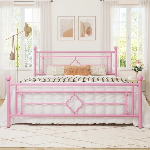 Miniatura 13 de Allewie Base de cama de plataforma de metal tamaño King con cabecero y pie de cama vintage victoriano/base de colchón/almacenamiento debajo