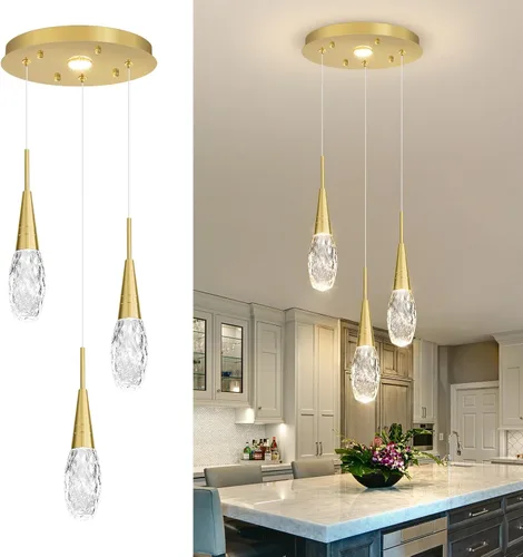Miniatura 8 de 3 luces LED colgantes para isla de cocina, lámpara regulable dorada, moderna iluminación colgante de cristal para comedor, dormitorio, sala