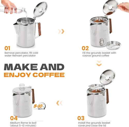 Miniatura 6 de Percolator Pot - Olla de café de acero inoxidable para acampar, sin aluminio o plástico, estufa de café (9 tazas)