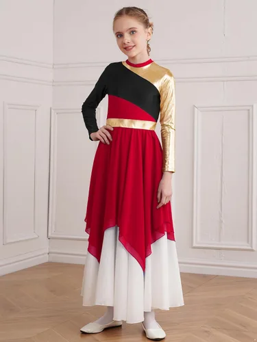 Miniatura 5 de JEATHA Vestido tipo túnica asimétrica de alabanza metálica brillante de manga larga para niños y niñas, disfraz de baile contemporáneo lírico