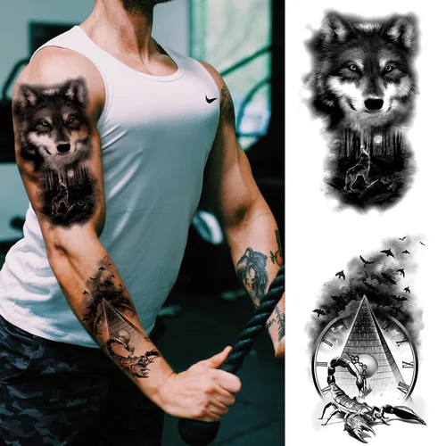 Miniatura 2 de Tatuaje de lobo realista temporal para hombres adultos, gran media manga, lobo de bosque negro, tatuaje falso tribal adulto para mujeres