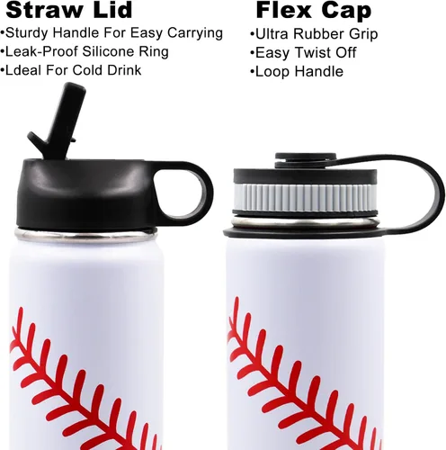 Miniatura 3 de Botella de agua de béisbol de 18 onzas, botella deportiva de boca ancha, vaso de viaje de metal con 2 tapas, botellas de agua aisladas al vacío