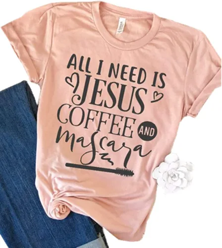 All I Need is Jesus Coffee and Mascara Christian T Shirt Women's Letter Print Short Sleeve Graphic Tees Tops