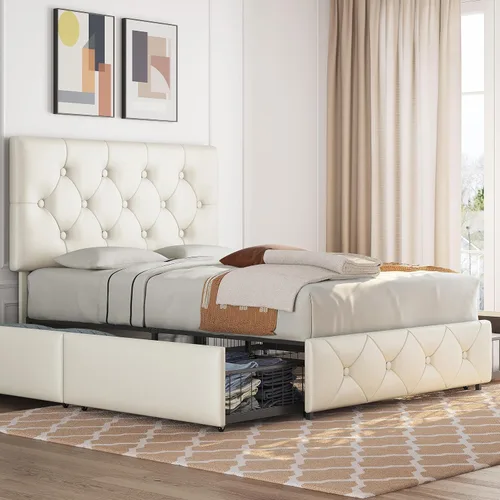 Miniatura 18 de Topeakmart Base de cama de plataforma tapizada tamaño Queen con cabecera ajustable en altura y 3 cajones de almacenamiento, base de colchón de piel