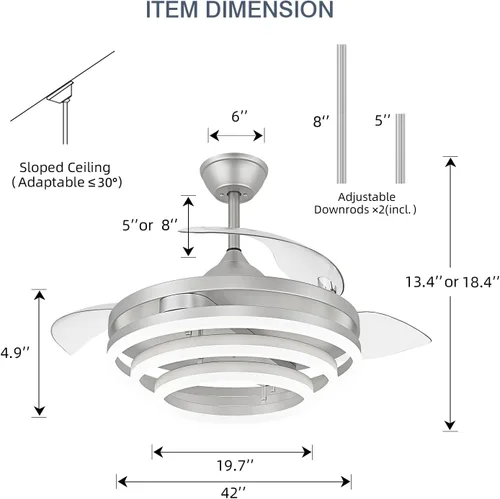 Miniatura 6 de FIDGRA Ventilador de techo retráctil de 42 pulgadas, ventiladores de techo con luces, motor de CC silencioso, 6 velocidades, 3 cambios