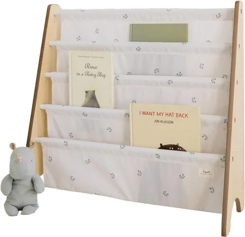3 Sprouts Estantería de Tela Reciclada para Niños – Organizador de Libros Tipo Cabestrillo de 4 Niveles - Estanterías de Libros de Madera para