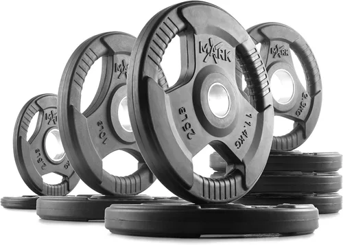 Miniatura 14 de XMARK TRI-GRIP - Par o juego de discos de peso olímpicos, pesas de ejercicio con revestimiento de goma para barra olímpica, juego de pesas