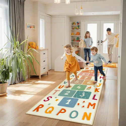 Miniatura 8 de STARUIA Alfombra de Rayuela Lavable para Niños para Sala de Juegos, Alfombras Educativas Coloridas para Aula con Números ABC, Alfombra