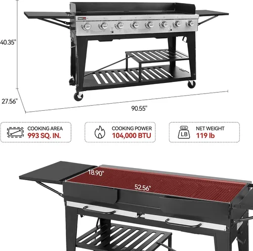 Miniatura 11 de Royal Gourmet Parrilla de gas de 8 quemadores, 104,000 BTU a propano líquido, sistemas duales controlados independientemente, para fiestas al aire