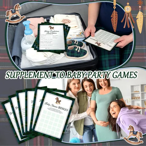 Miniatura 5 de Ctosree 302 piezas de cuadros de tartán verde y azul con estampado de caballo para baby shower, juegos de acuarela para baby shower, 6 juegos, 50