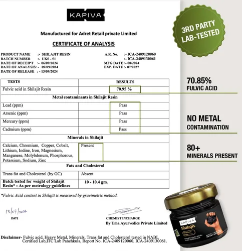 Miniatura 2 de Kapiva Resina de Shilajit 100% Auténtica del Himalaya (30gmx2), Alta Potencia para Hombres y Mujeres Más de 80 Minerales Traza, Hasta 70% de Ácido