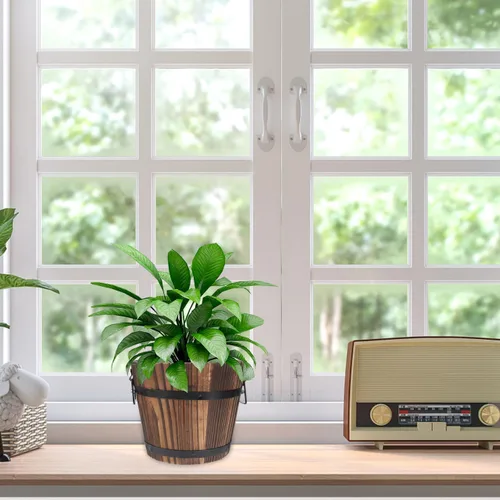 Miniatura 9 de Maceta de barril de madera, maceta rústica para uso en interiores y exteriores con agujeros de drenaje, maceta marrón de 7 pulgadas para plantas