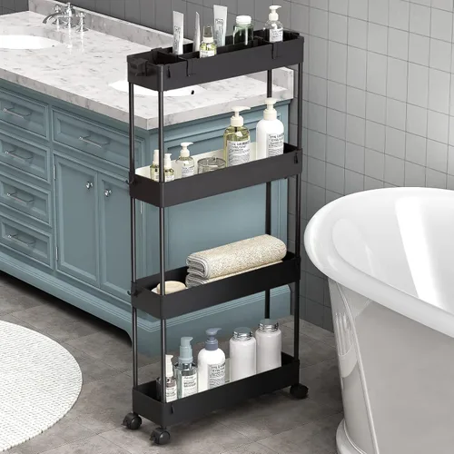 SAKA - Carrito de almacenamiento delgado, carrito de almacenamiento rodante para el baño de 4 niveles, carrito organizador móvil de estanterías para