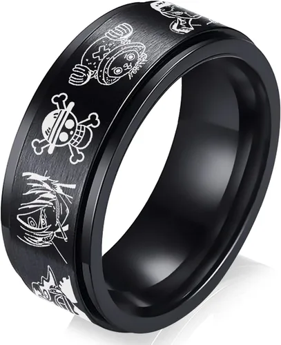 Anillo de anime de una pieza para hombres y niños, anillo giratorio de acero inoxidable negro, sombrero de pajita, miembros de la tripulación,