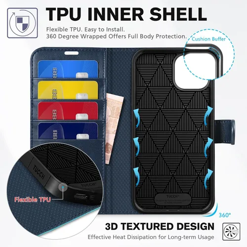 Miniatura 5 de TUCCH Funda tipo billetera para iPhone 14, [Bloqueo RFID] [4 ranuras para tarjetas] Funda protectora interior de TPU, funda abatible magnética