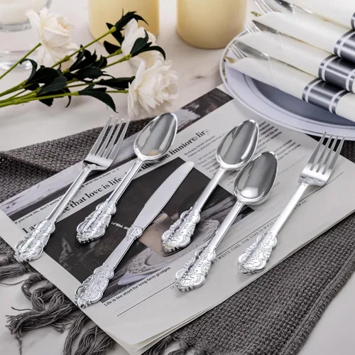 Miniatura 3 de WELLIFE Paquete de 50 cubiertos de plástico plateado, juego de cubiertos envueltos desechables, incluye 50 tenedores, 50 cuchillos, 50 cucharas y 50