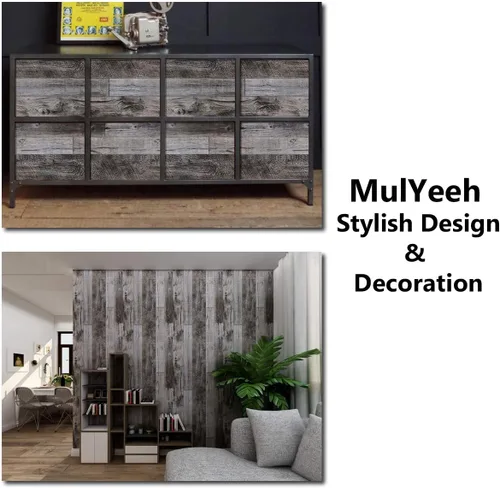 Miniatura 6 de MulYeeh Papel tapiz gris de 17.7 x 472 pulgadas, papel tapiz de tablones de madera sintética, autoadhesivo, extraíble, revestimiento de pared Marrón