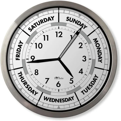 Miniatura 6 de Reloj de pared de hora y día de la semana con marco de aluminio moderno de 12 pulgadas, regalo de jubilación ideal para hombres y mujeres, reloj