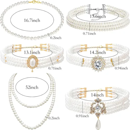 Miniatura 2 de NEWITIN 6 collares de perlas de diamantes de imitación para mujer, gargantilla de perlas en capas con diamantes de imitación de los años 20, collar