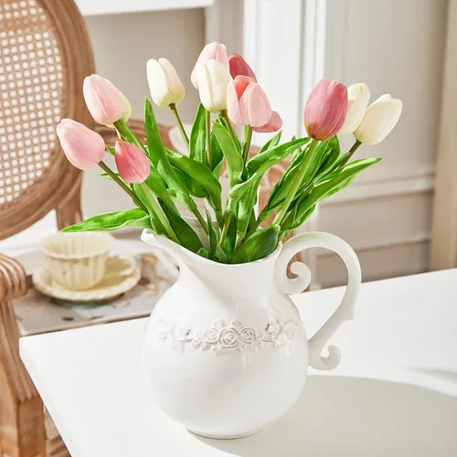 Miniatura 2 de Jarrón de Cerámica Blanco con Flor, Jarra de Cerámica de Granja para Decoración del Hogar, 18.5 cm de Altura.