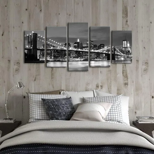 Miniatura 2 de Wieco Art Lienzo decorativo para pared con diseño de puente de Brooklyn de Nueva York, 5 paneles, arte de paisaje moderno, imágenes abstractas a