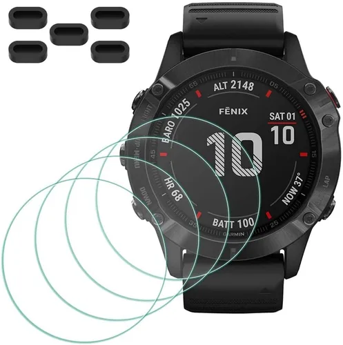 Protector de pantalla para Garmin fenix 6X/ 6X Pro / 6X Pro Solar Smartwatch [4 piezas] + 5 tapones antipolvo, 5 unidades, vidrio templado dureza 9H