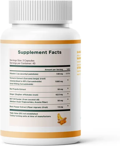 Miniatura 8 de Curcumina de cúrcuma 95 1000 mg, 95% complejo de curcuminoides con propóleo de abeja y bioperina, 120 cápsulas, suplemento de apoyo