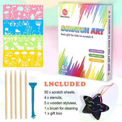 Miniatura 2 de Mocoosy 60 piezas de papel de arte de rayas arcoíris para niños, juego de papel mágico para rascar, suministros de arte y manualidades, almohadillas