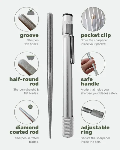 Miniatura 3 de Wamery Afilador de cuchillos dentado – Afilador retráctil de bolsillo de barra de diamante para cuchillas dentadas y rectas – Herramienta de afilado
