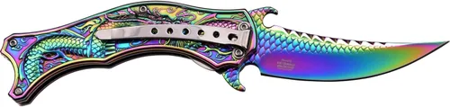 Miniatura 3 de Dark Side Ballistics - Cuchillo plegable asistido por resorte - Hoja y mango de acero inoxidable recubierto de Rainbow TiNite, tema de dragón, clip