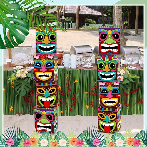 Miniatura 7 de Teling 4 cajas de decoración de fiesta hawaiana Tiki, cajas de recuerdo tropicales de verano para interiores y exteriores, centros de mesa Aloha