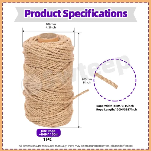 Miniatura 2 de Swpeet Cuerda trenzada de yute natural de 0.157 in x 328 pies, cuerda de yute larga, embalaje de cuerda de ganchillo de jardinería