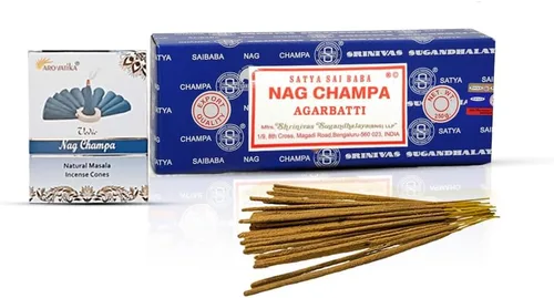 Satya Sai Baba Nag Champa - Varillas de incienso de 8.82 oz con conos de incienso naturales Arovatika Nag Champa (caja de garbatti, 8.82 oz, todos