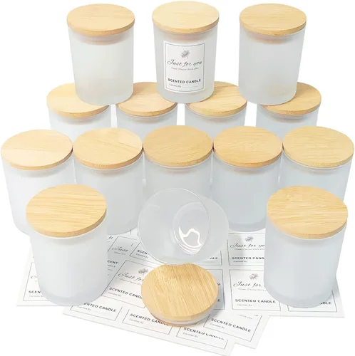 Miniatura 8 de CONNOO Paquete de 8 tarros de vidrio negros vacíos de 14 onzas para hacer velas con tapas de bambú y etiquetas adhesivas, tarros para hacer velas a