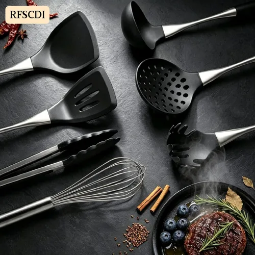 Miniatura 2 de Juego de utensilios de cocina de silicona negra de alta calidad, no tóxicos, resistentes al calor y antiadherentes, con espátula, cuchara, batidor
